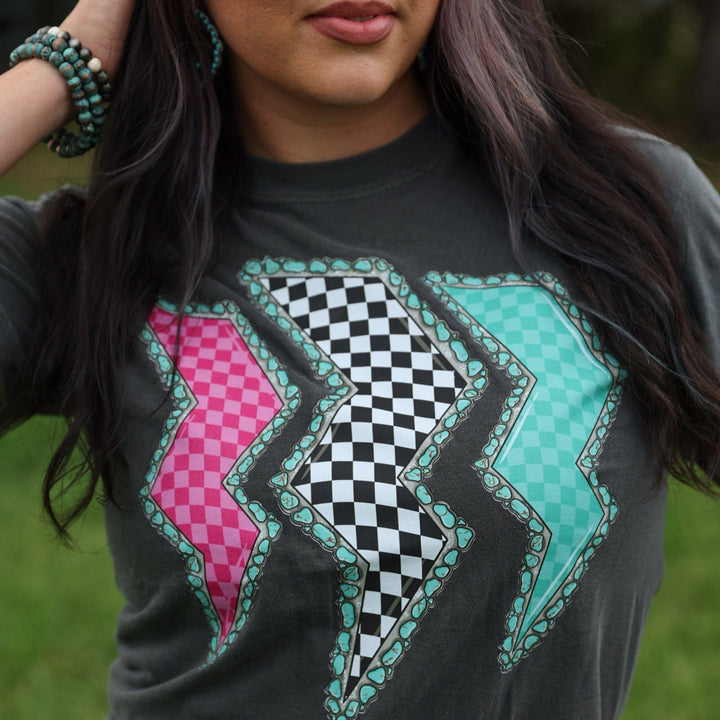 FestiviTees Women - Apparel - Shirts - T-Shirts Triple Lightning Bolt Turquoise Border Tee Soft Graphic Tee