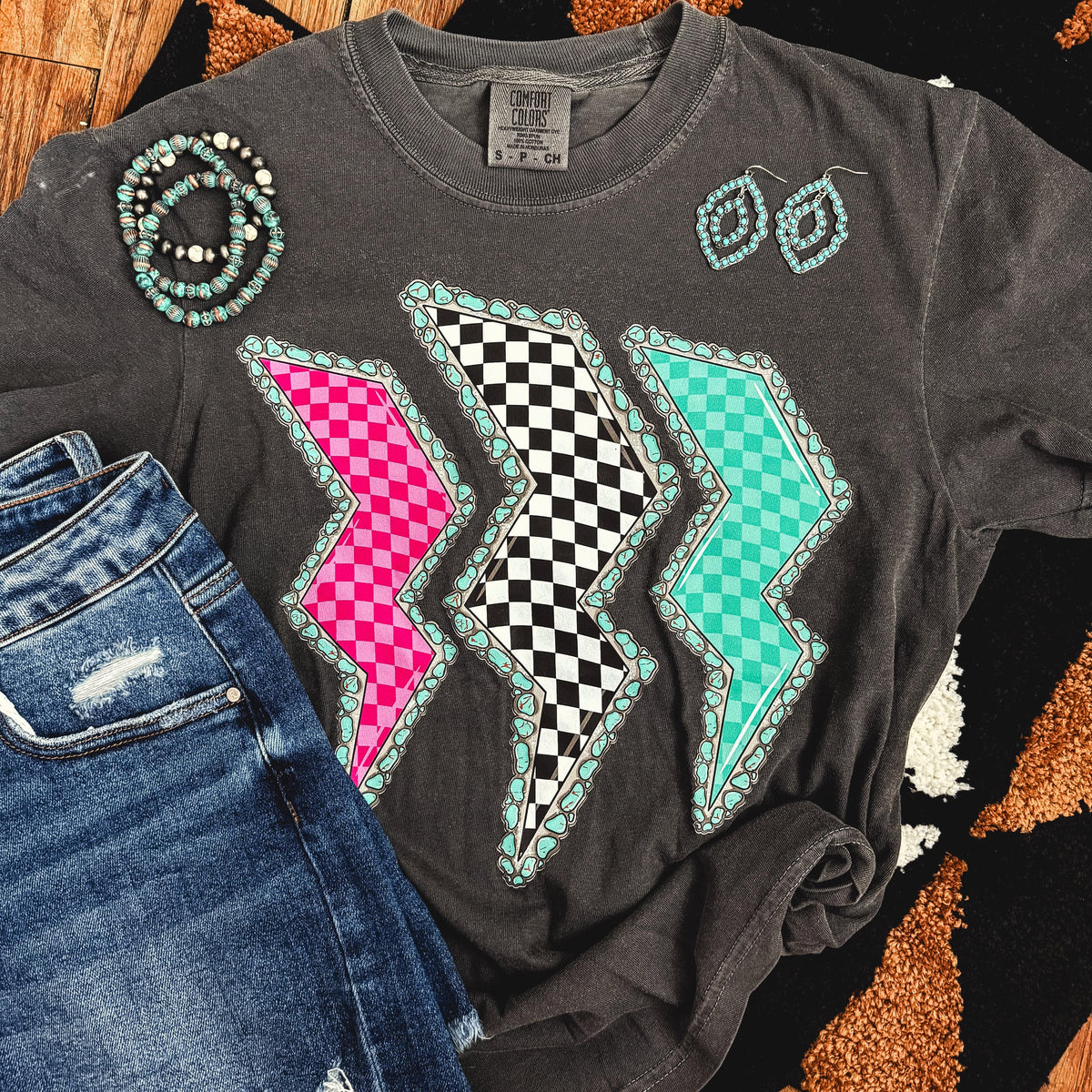 FestiviTees Women - Apparel - Shirts - T-Shirts Triple Lightning Bolt Turquoise Border Tee Soft Graphic Tee