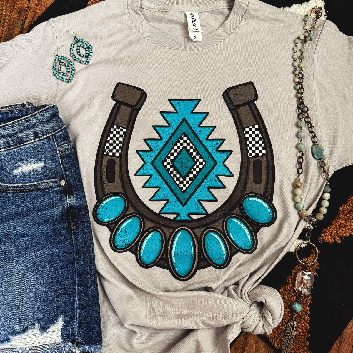 FestiviTees Women - Apparel - Shirts - T-Shirts Turquoise Aztec Horseshoe Soft Graphic Tee