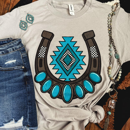 FestiviTees Women - Apparel - Shirts - T-Shirts Turquoise Aztec Horseshoe Soft Graphic Tee