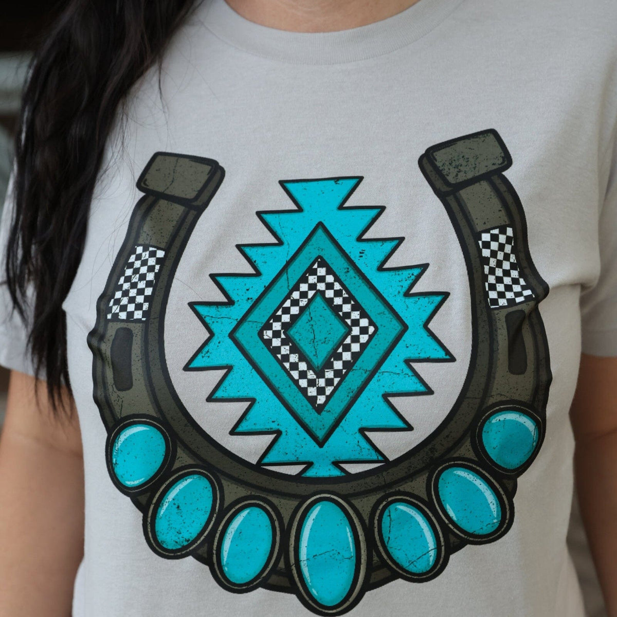 FestiviTees Women - Apparel - Shirts - T-Shirts Turquoise Aztec Horseshoe Soft Graphic Tee