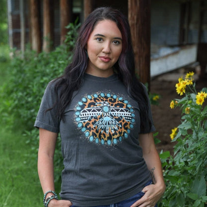 FestiviTees Women - Apparel - Shirts - T-Shirts Turquoise Thunderbird Aztec Leopard Soft Graphic Tee
