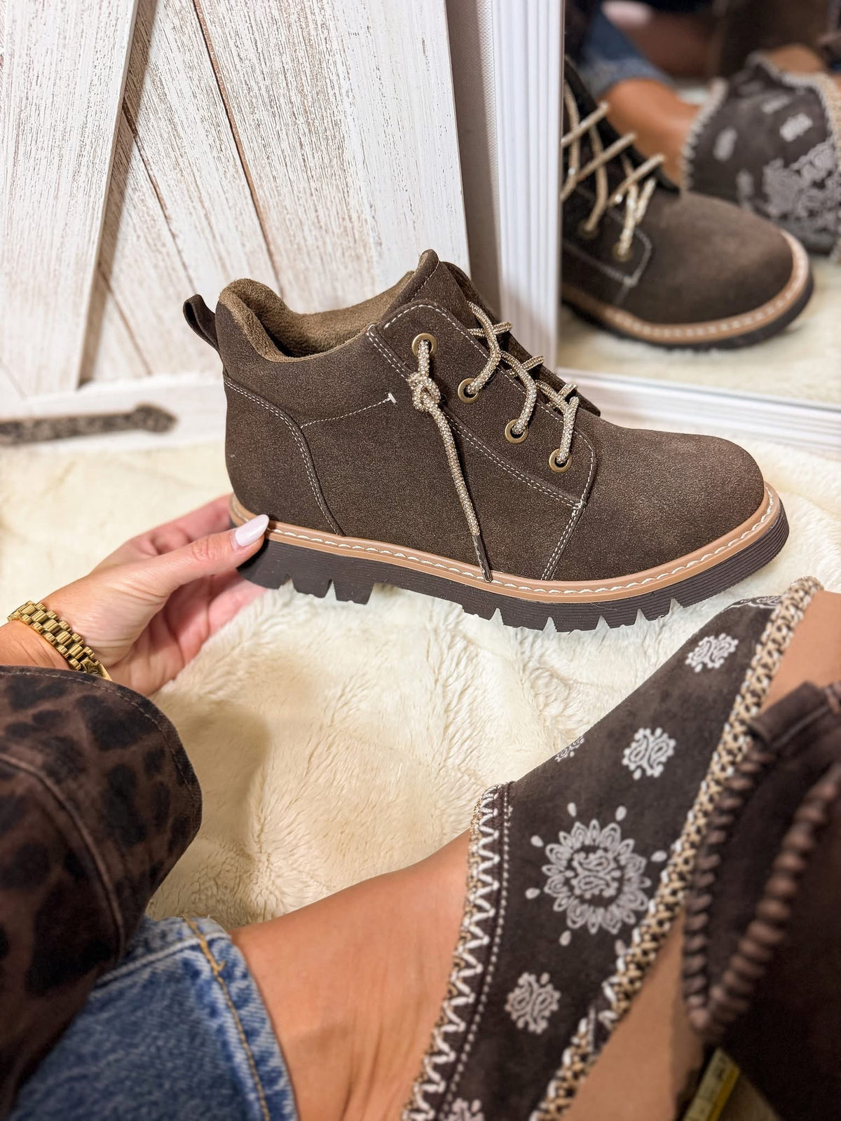 LAUREN brown ankle bootie with glitter laces, gold-tone eyelets and rugged sole